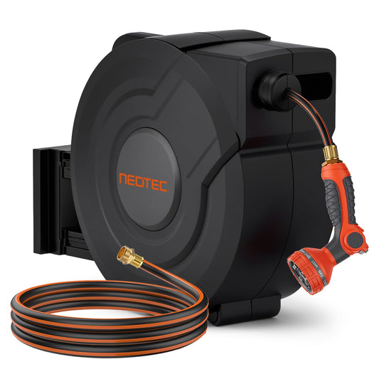 NEOTEC Retractable Garden Hose Reel 1/2 inch x 150ft - Wall Mounted Heavy Duty Hose Reel with 3/4 Inch Brass Fittings & 9-Pattern Nozzle - Auto Rewind System, Any Length Lock, 180° Swivel Bracket