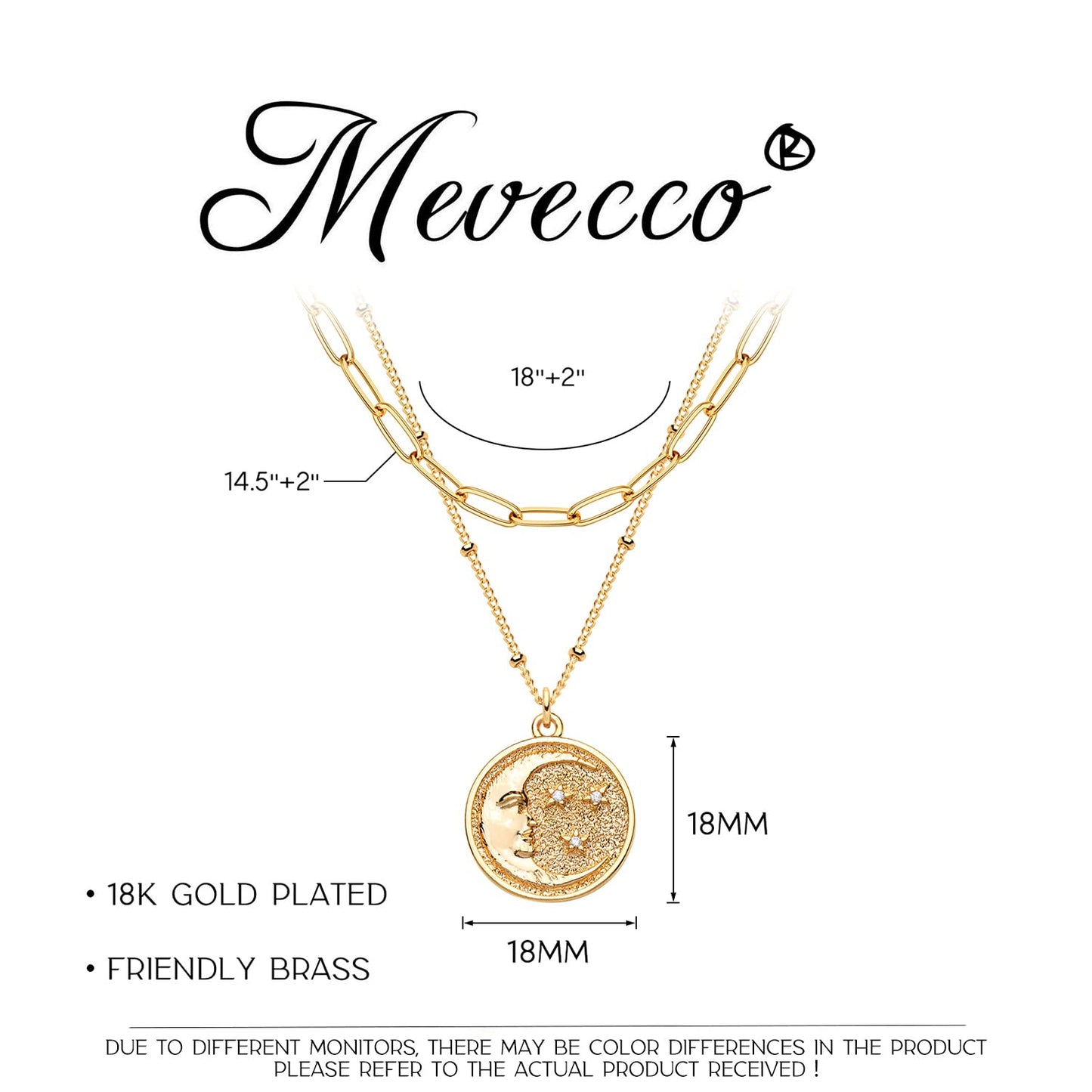 MEVECCO Gold Layered Choker Necklace for Women, 18K Gold Plated Dainty CZ Cresent Moon Pendant Minimalist Paperclip Double Layer Necklace for Jewelry