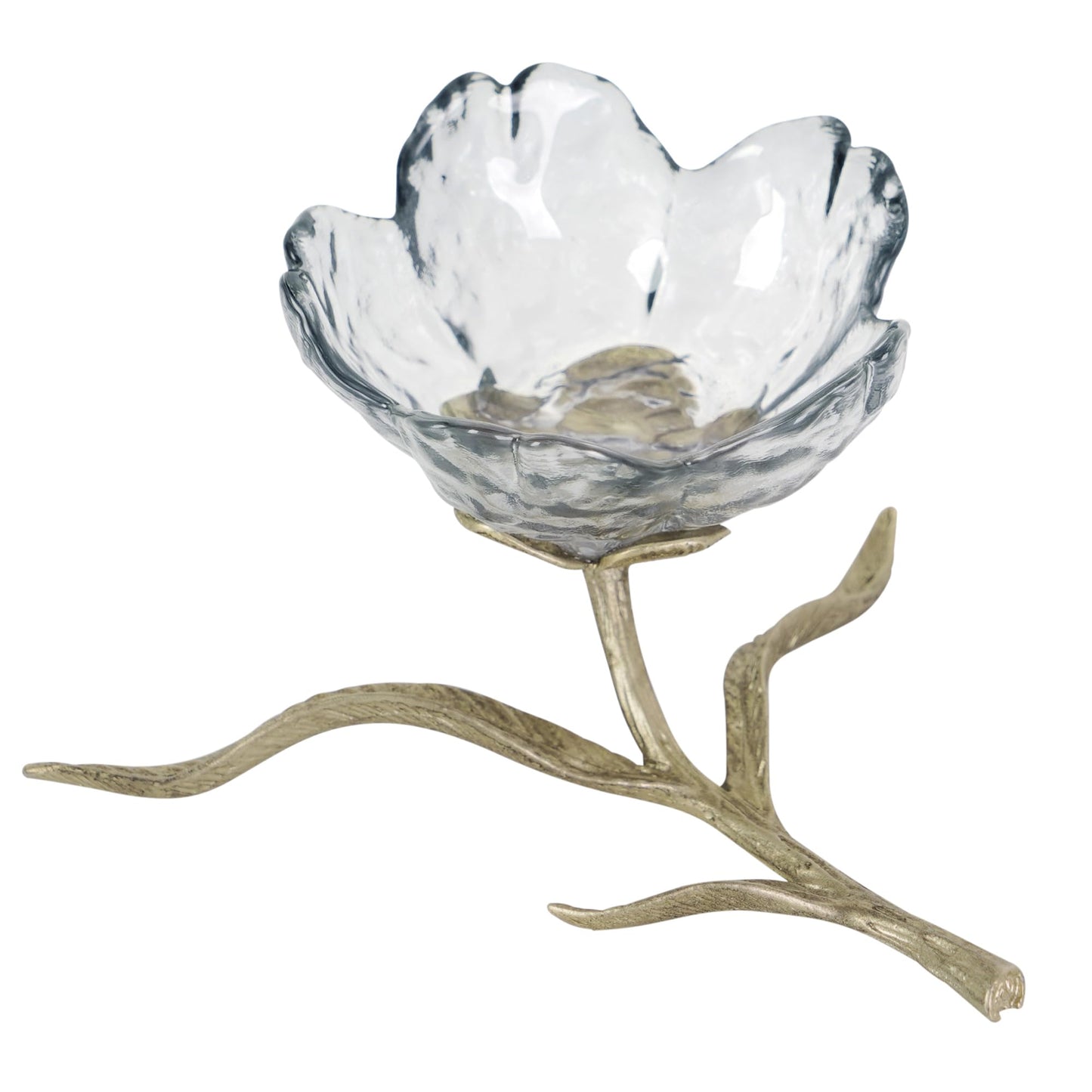 SOFFEE DESIGN Dark Glass Flower Jewelry Tray with Gold Metal Leaf Base, Jewelry Dish Ash Tray for Vanity Table, Moody Home Decor Accent