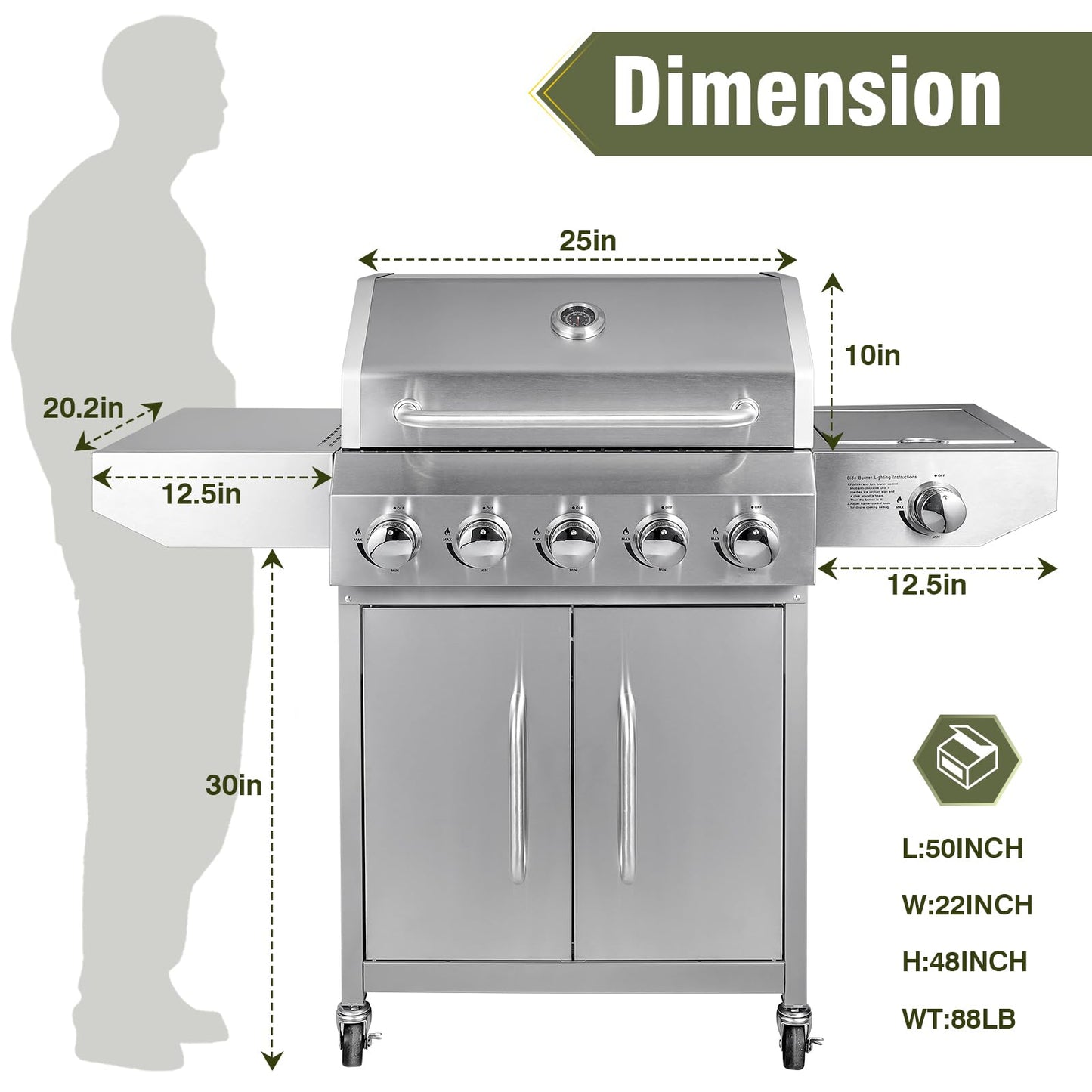 Bestfire 68,000 BTU 5 Burner Propane Gas Grill with Side Burner-Professional-Grade Stainless Steel Outdoor BBQ Grill-647 sq in Cooking Space&Porcelain Cast Iron Grrates-Patio Cart Design for Backyard