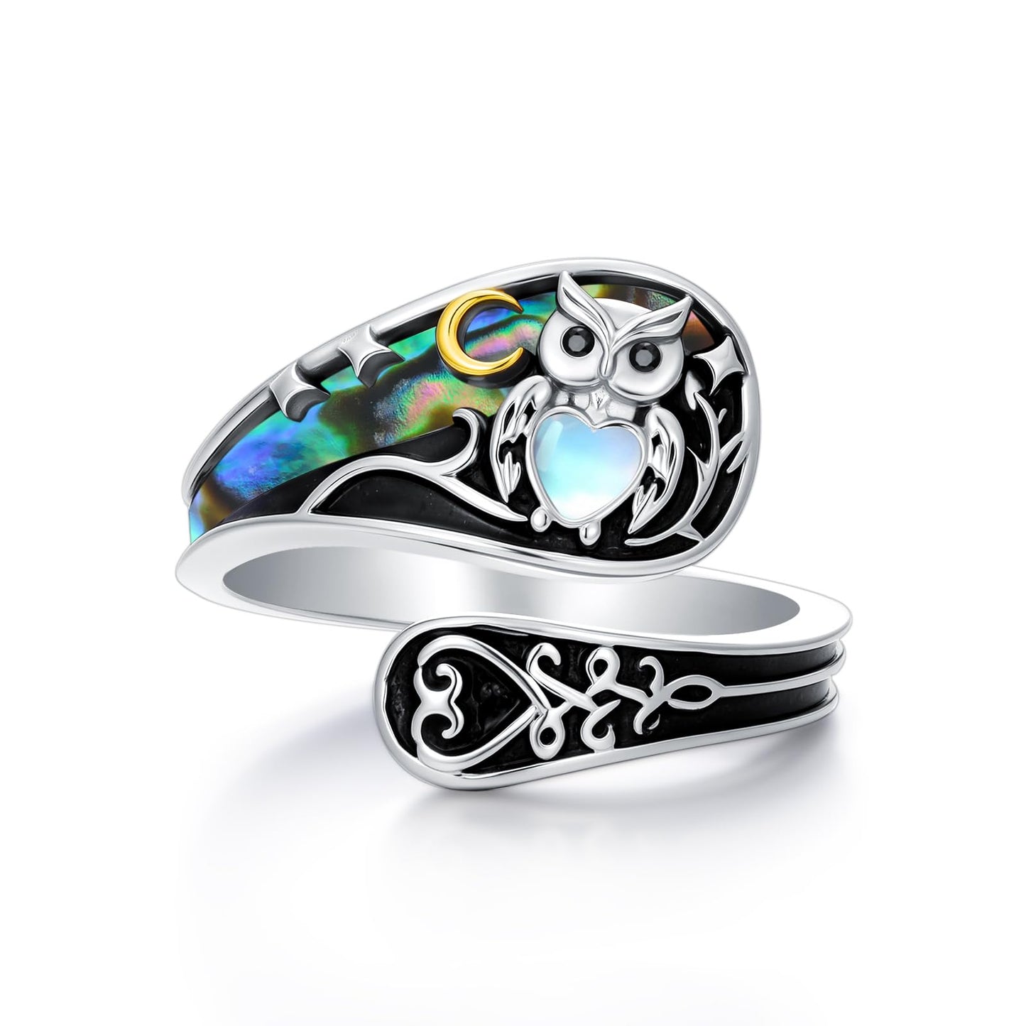 Midari Owl Spoon Rings for Women 925 Sterling Silver Abalone Shell Unique Rings Adjustable Owl Moonstone Rings Open Spoon Thumb Rings Owl Jewelry for Women Men Birthday Christmas Gifts