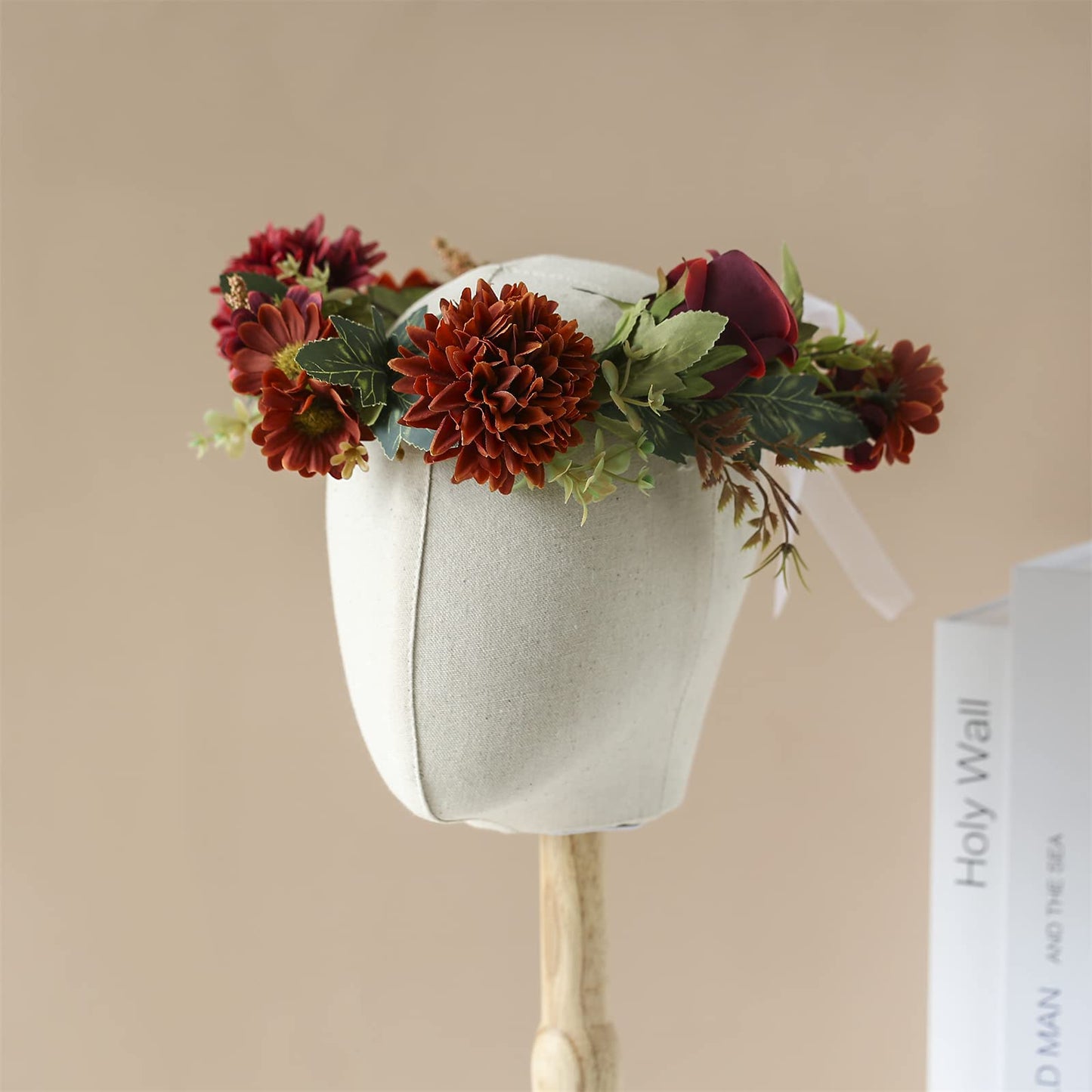 June Bloomy Women Floral Crown Wreath Flower Girls Headband Bridal BOHO Hair Garland Halo (Rose Burgundy)