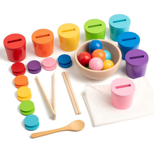 Gserin Ball in Cups Toddler Montesssori Toys, Rainbow Color Sorting Toy Coin Box Matching Game, Wooden Learning Color for Baby Toddler Fine Motor Developmental Sensory Toy