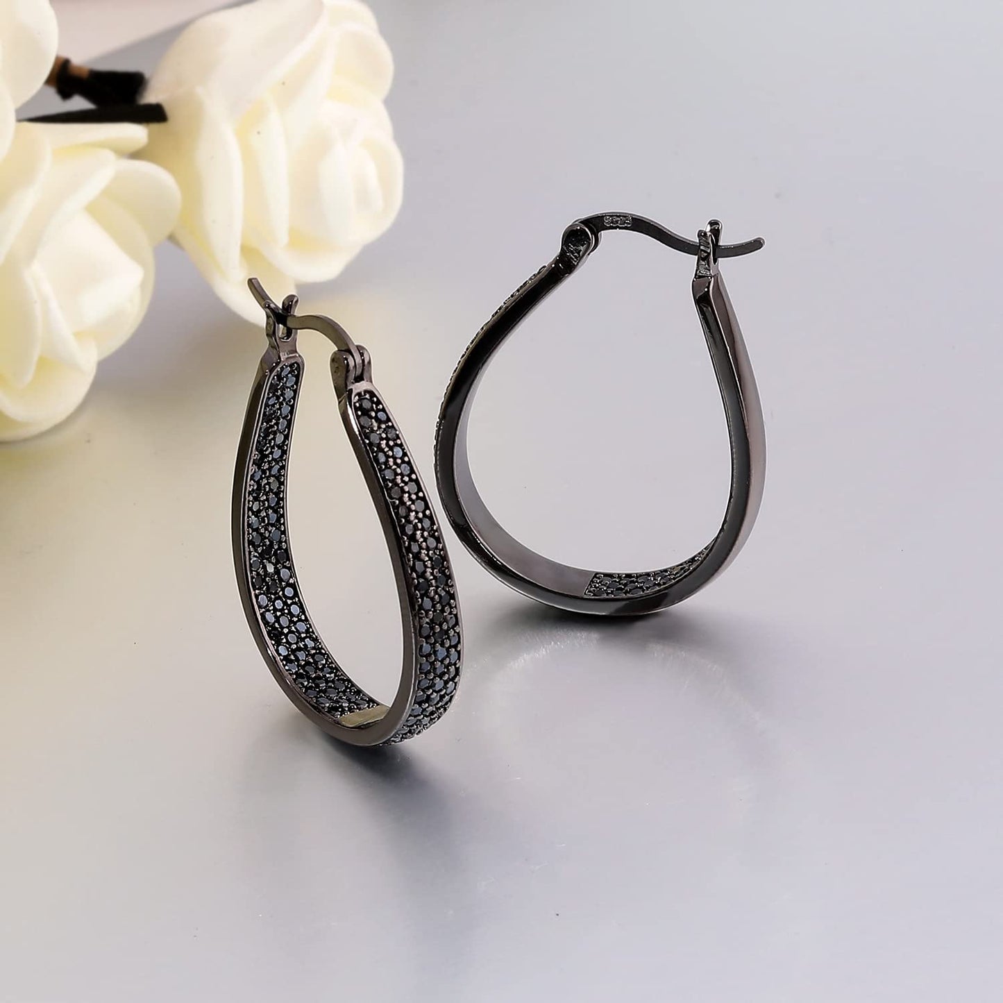 CiNily Black Gold Plated Big Cubic Zirconia Hoop Earrings for Women 925 Sterling Silver Post Large Oval Chunky Gemstone Hoop Earrings