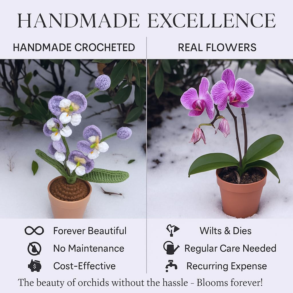 beausougon Handmade Crochet Orchid Potted Plants, Knitted Artificial Forever Flowers with Exquisite Pot, for Friends, Women, and Kids, Ideal for Home Decorations and Office Desks
