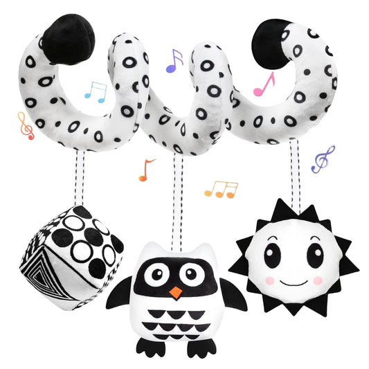 Baby Hanging Stroller and Car Seat Toys High Contrast Baby Toys for Newborn Black and White Sensory Plush Activity Toy for Babies 0-6 Months-OWL