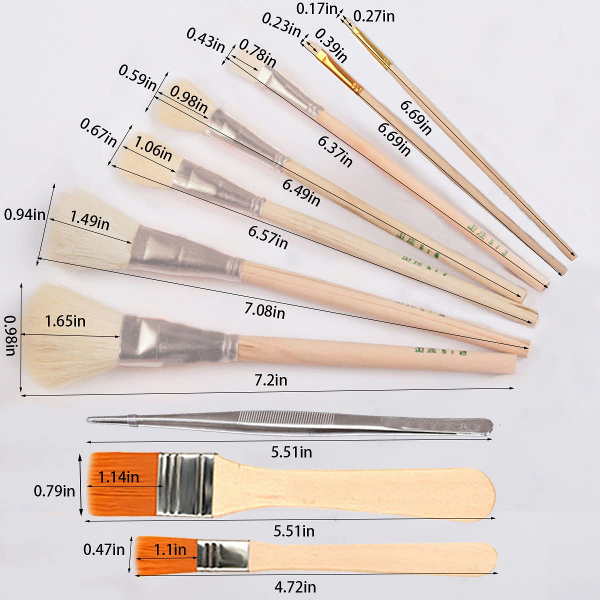 Fortunemee 7 PCS Assorted Size Gilding Brush Set, Gold Leaf Goat Hair Painting Brush Metallic Foil Flakes Paint Brush + 2 PCS Nylon Brush + Tweezers for Gold Foil Gold Leaf Sheets Art Crafts Supplies