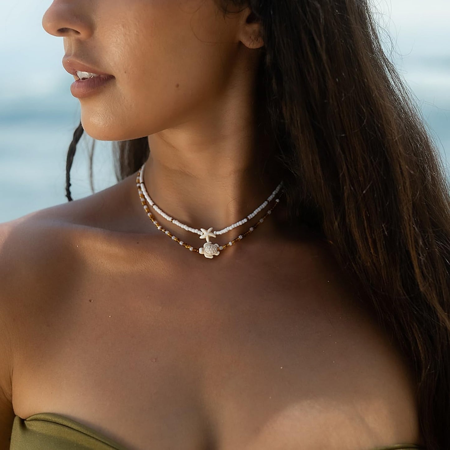 Lameybrt Cowrie Shell Surfer Necklaces, Hawaiian Beach Handmade Choker Set for Women, White Rice Bead with Black Accents, Bohemian Summer Seashell Choker 2 Piece Set, Perfect for Summer Beach Vacation, Birthday, Mother’s Day & Holiday Gifts (Shell 16 Turt