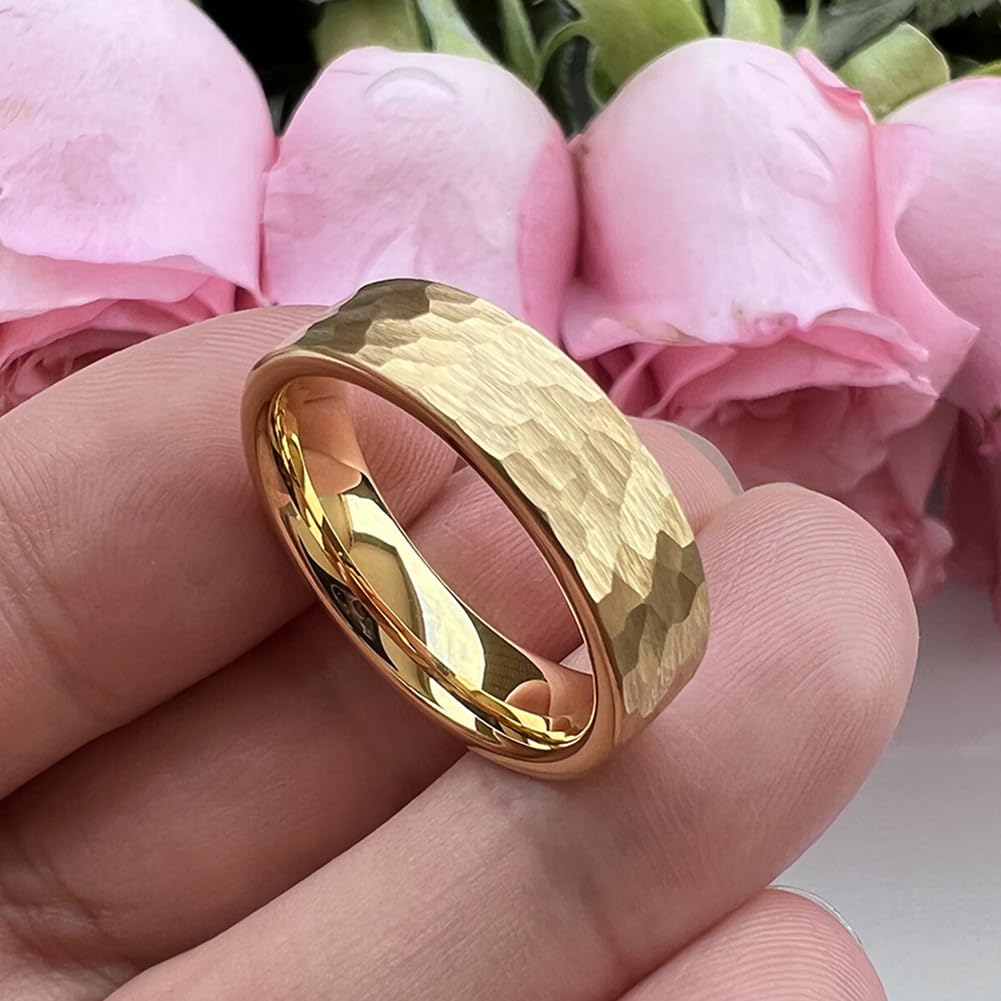 TUTISS 6mm Gold Hammered Tungsten Rings for Men Women Engagement Wedding Bands Pipe Cut Matte Finish Comfort Fit Size 10