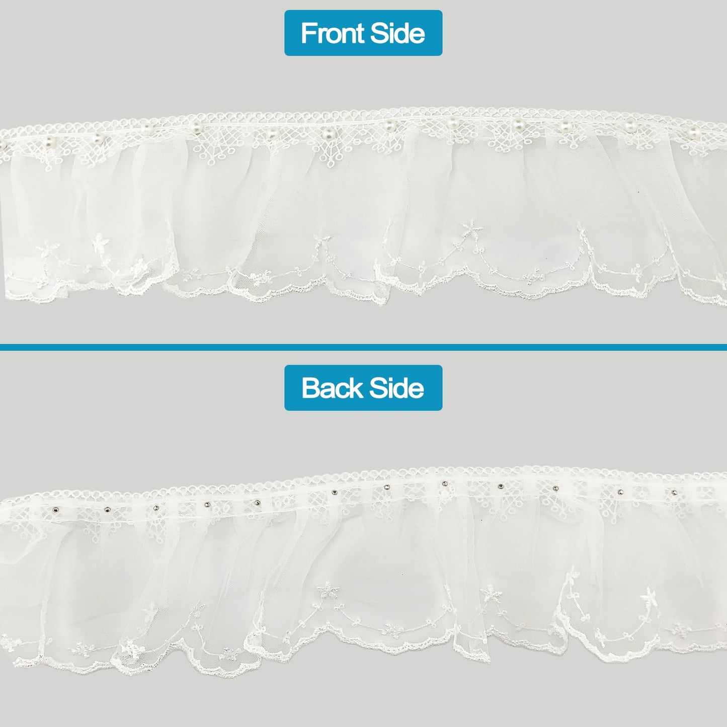 BETITETO 3 Yards White Ruffles Beads Lace Trim Pleated Pearl Organza Tulle Fabric Frills Ribbon for Sewing Clothing Curtains Wedding Decor Dress Designing and Crafts DIY (White-Off Only Style A)