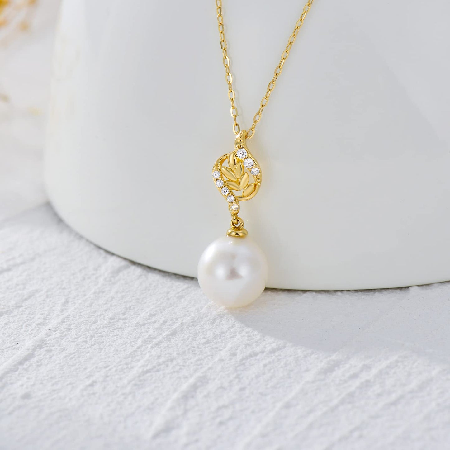 14k Gold Diamond Pearl Necklace and Earrings Set