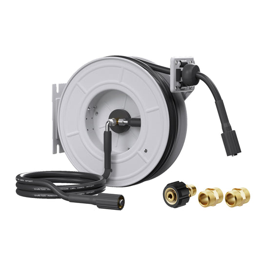 Giraffe Tools Pressure Washer Hose Reel 65ft, Power Washer Hose Reel, Pressure Washer Retractable Hose Reel, Heavy Duty, Replaceable Hoses, Wall/Floor Mounted, 3200 PSI, Silver