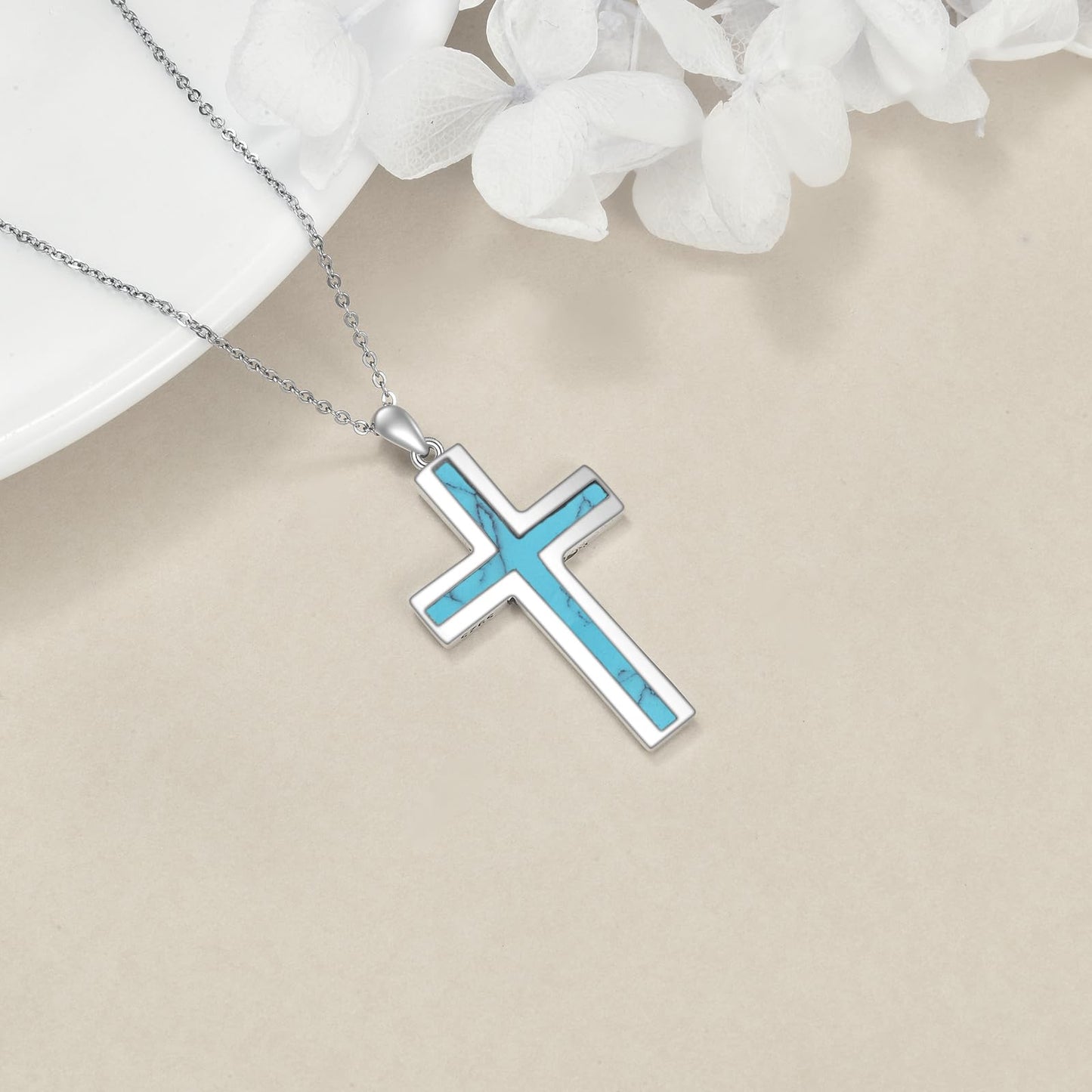 YFN Turquoise Cross Necklace Sterling Silver Cross Pendant Religious Jewelry Gifts for Women Men