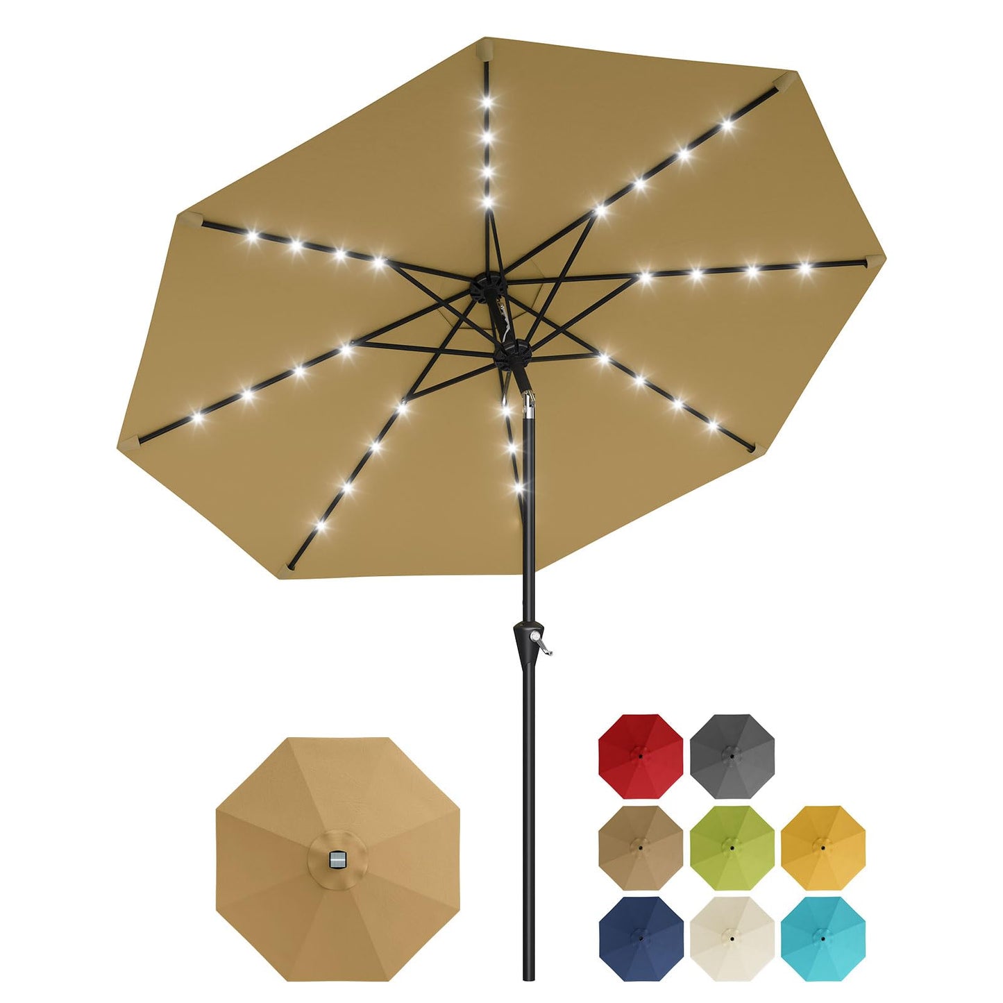 GarveeLife 10FT Patio Umbrella Outdoor, Table Umbrella with solar lights, 8 Sturdy Ribs UV Protection Waterproof for Garden, Pool, Deck (Tan)