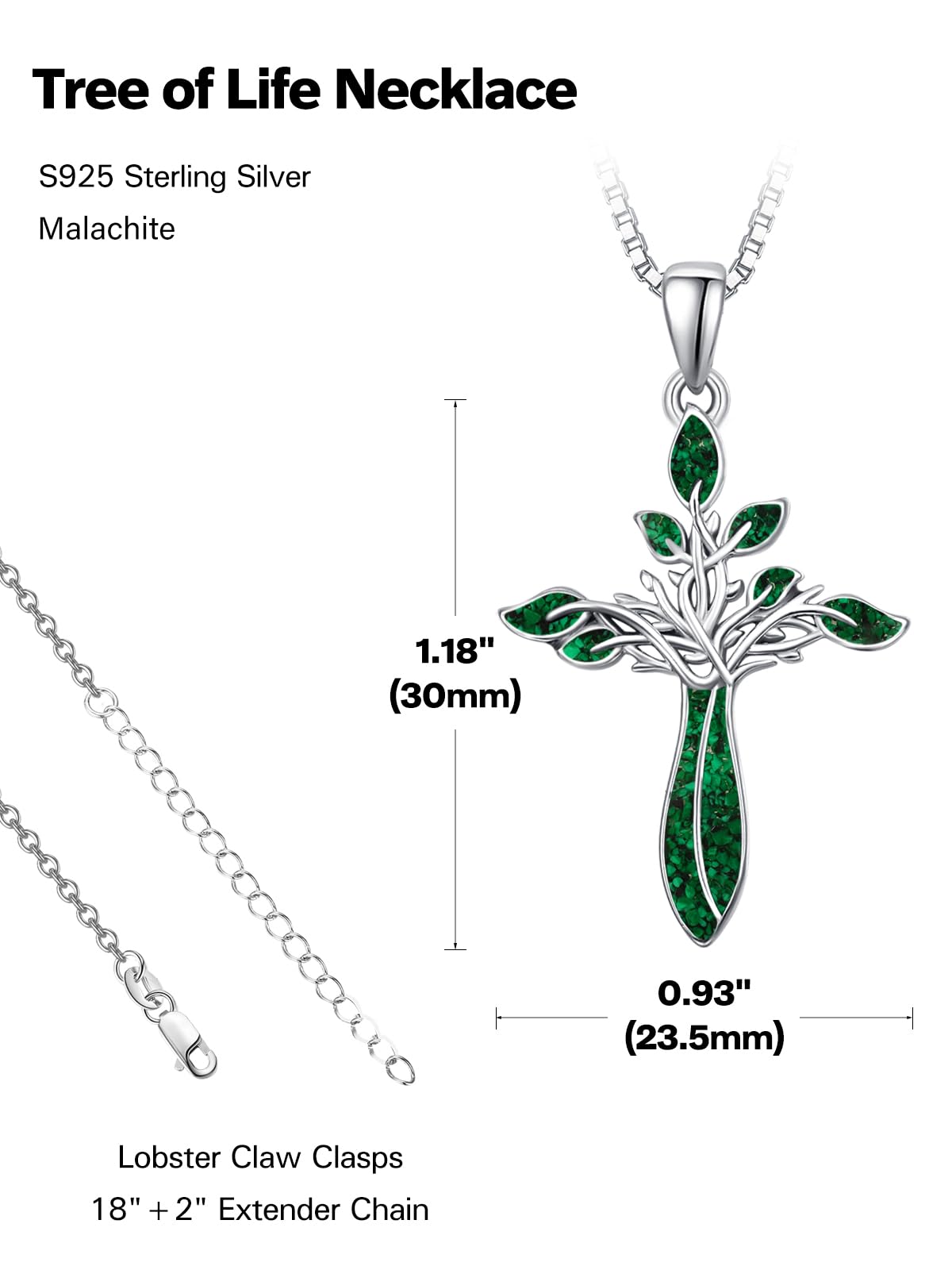 Dreamboat Green Cross Necklace for Women Sterling Silver Cross Pendant Tree of Life Necklace Malachite Faith Confirmation Gifts Christian Religious Jewelry for Mom