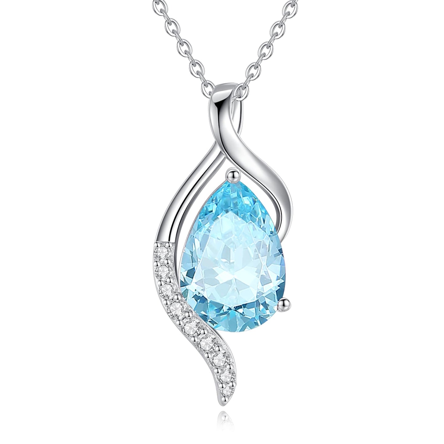 FANCIME March Birthstone Necklace for Women Teardrop Aquamarine Necklace S925 Sterling Silver Gentle Love Birthday Gifts for Mom Women, 16"+2" Inches