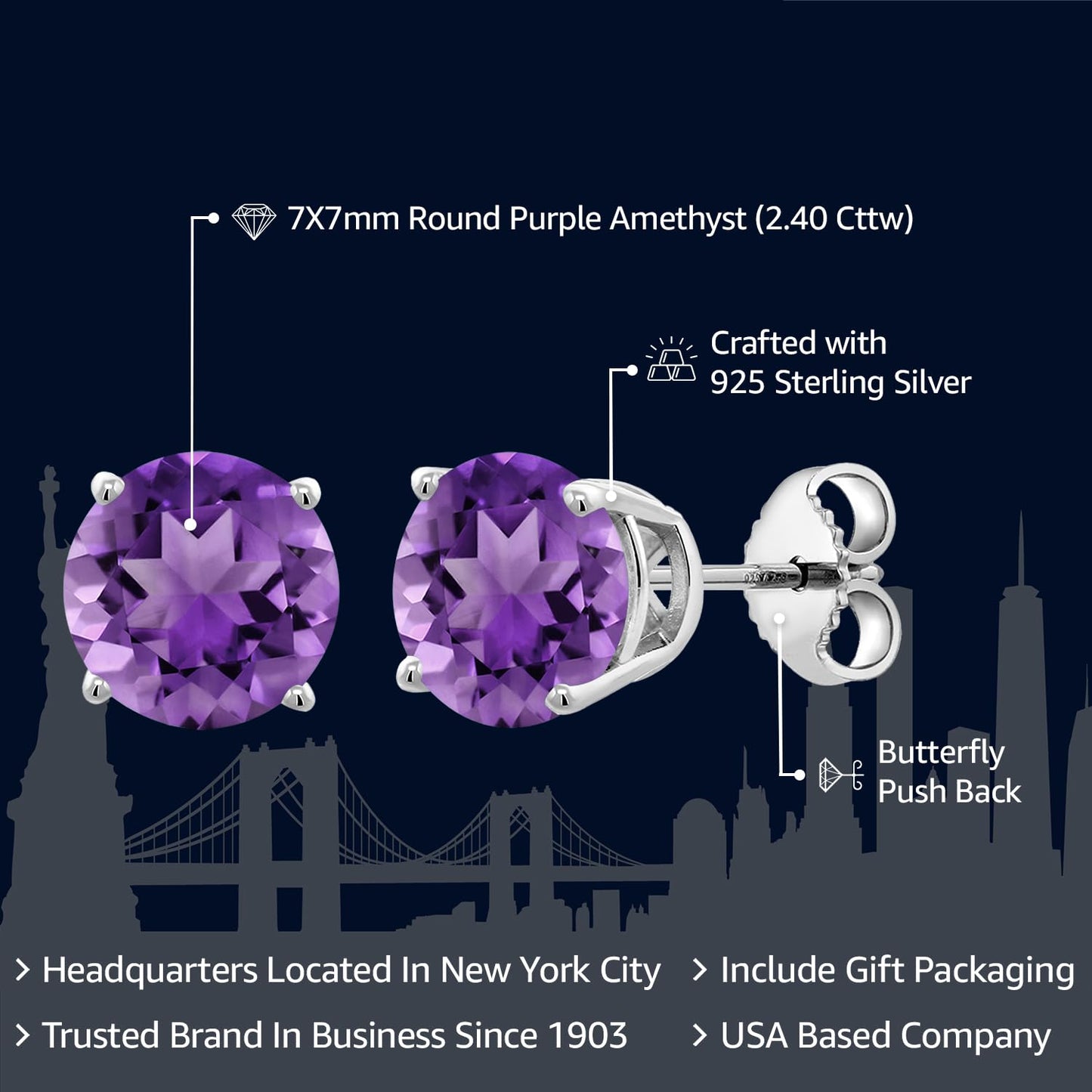 Gem Stone King 2-4 Cttw Round Gemstone Birthstone Stud Earrings For Women Men | 925 Sterling Silver | Round 7MM | Fine Jewelry Gifts for Women Her Mom Wife Men | Amethyst-February