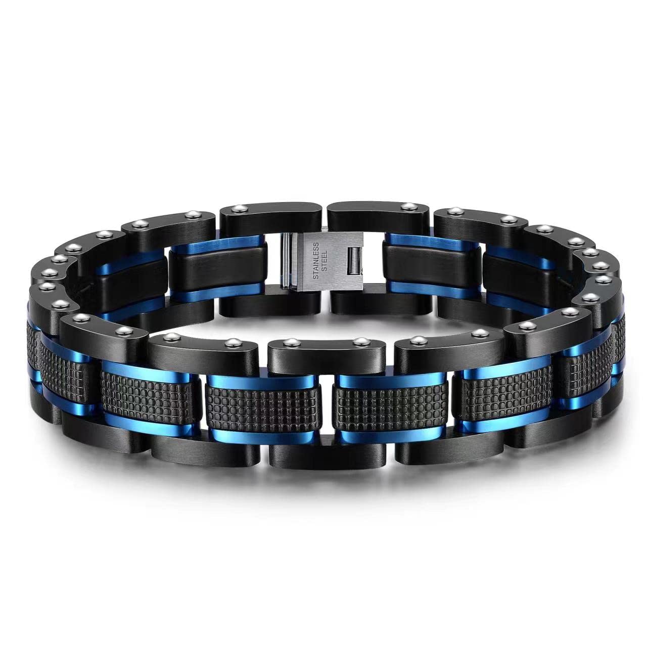 Zillaly men's stainless steel two-color square chain diamond bracelet, black and blue ion plating black, boyfriend, husband holiday gift, with gift box