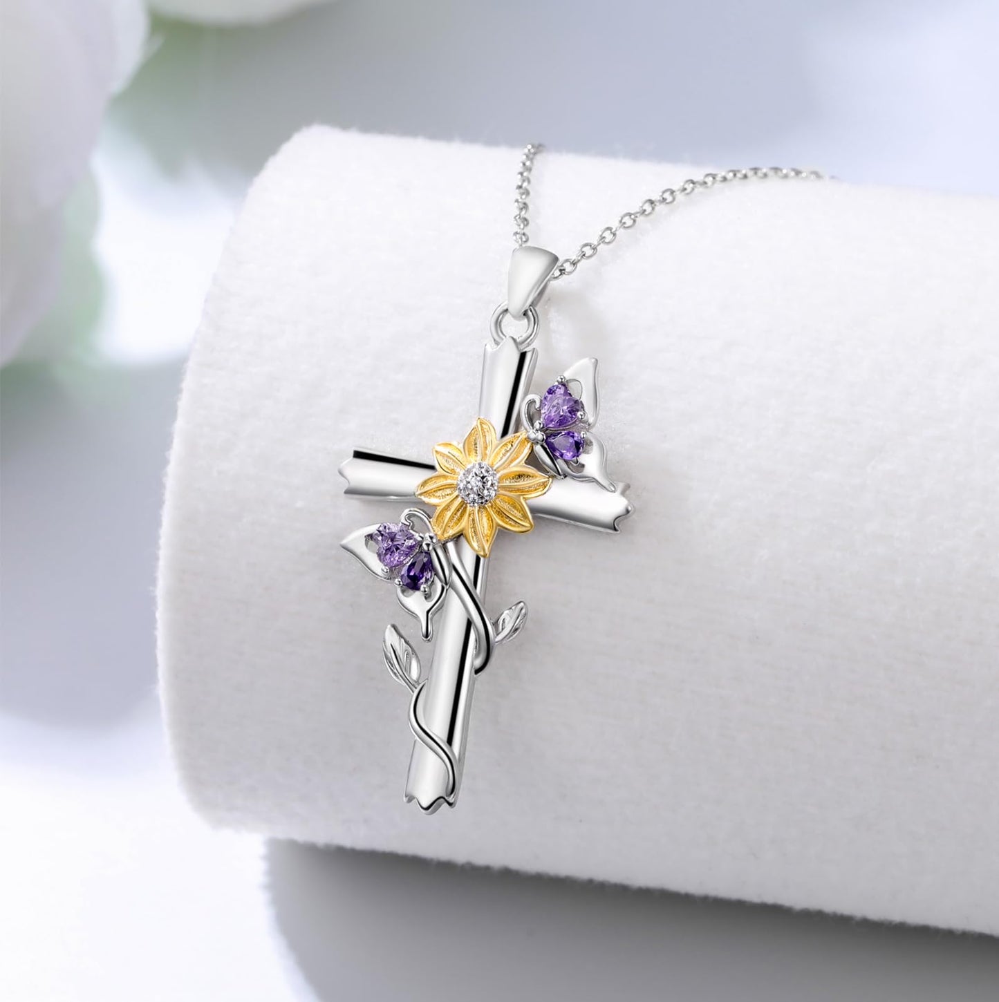 KoyeKei Butterfly Sunflower Necklace for Women 925 Sterling Silver Double Butterfly Cross Necklaces Pendant Christian Sunflower Jewelry Gifts Mothers Day Graduation Gift for Mom Wife Sister