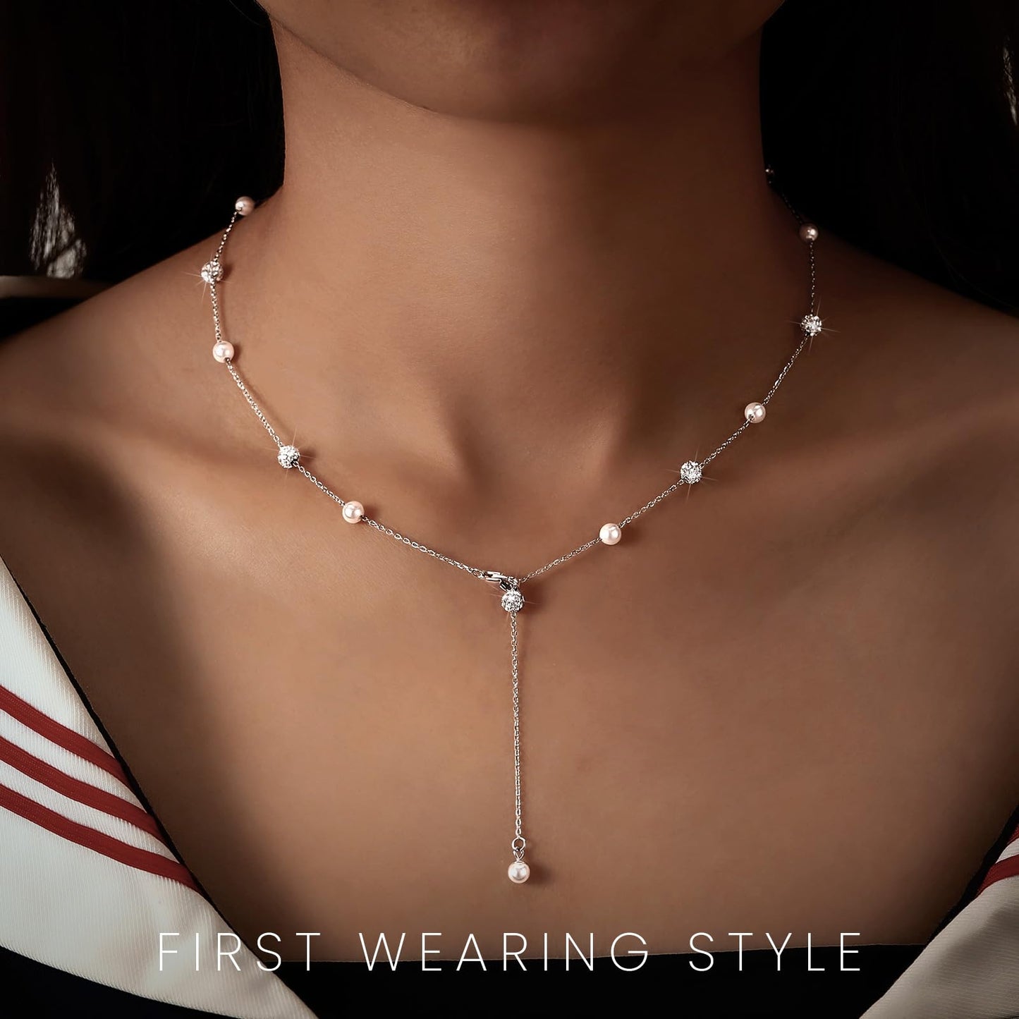 UTISUVIKO Lariat Necklace for Women,Dainty Long 14K Gold Plated Y-Shaped Pearl Necklace 925 Sterling Silver Cubic Zirconia Crystal Ball Sparkle Necklace for Mother Daughter Wedding Valentine’s Day Jewelry