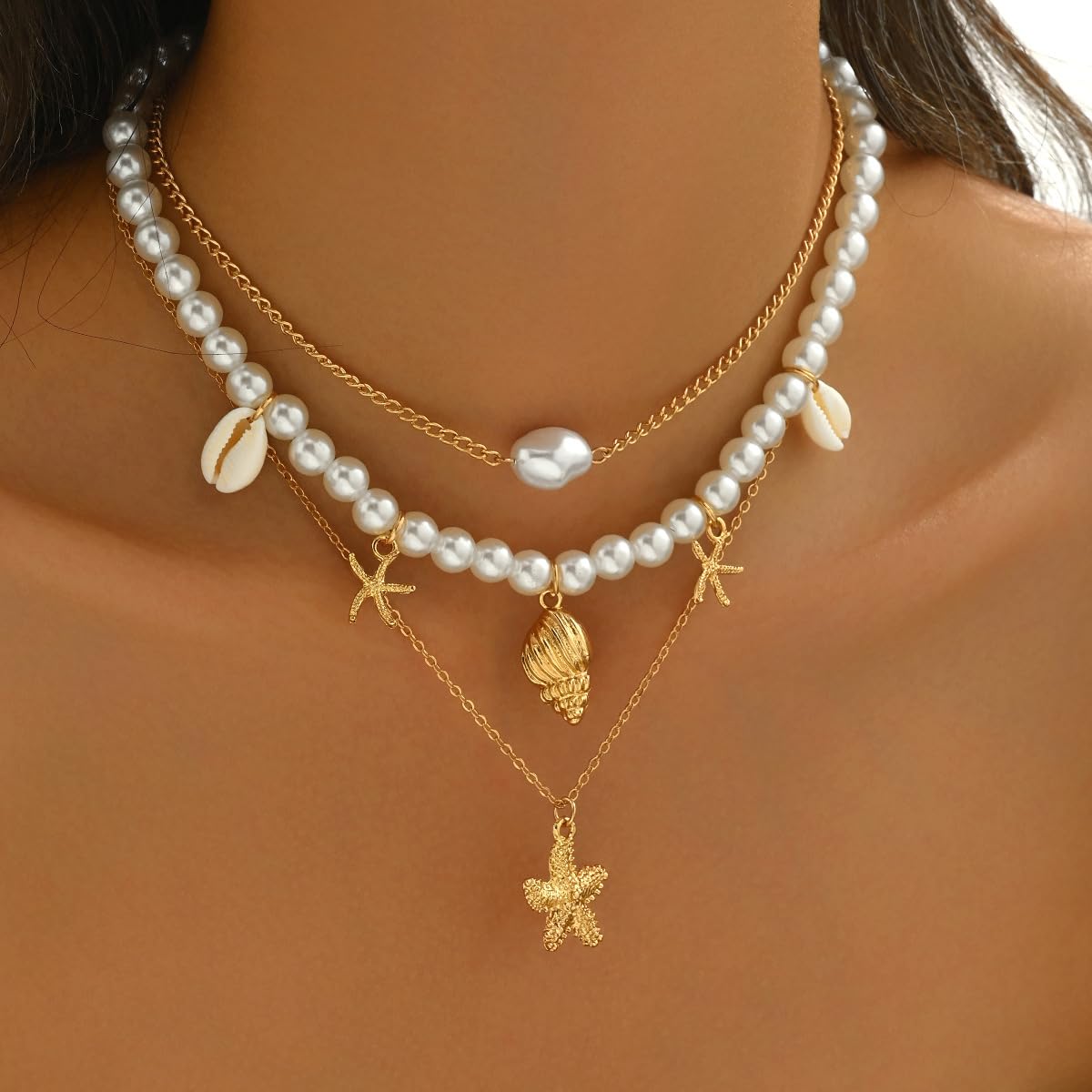 Starfish Necklace Gold Beach Jewelry for Women Pearl Seashell Necklace Cowrie Shell Beach Necklaces Ocean Summer Starfish Jewelry (1-3 layer)