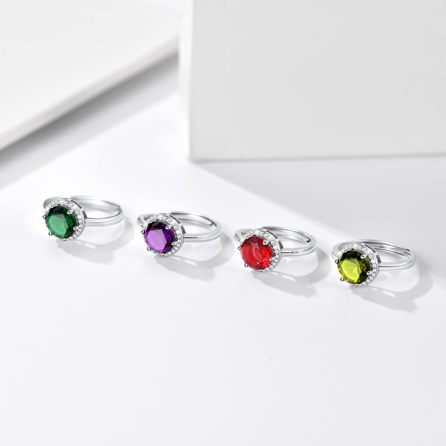 Bestyle Round May Emerald Birthstone Rings Embellished with White Cubic Zirconia Minimalist Sterling Silver Open Band Gemstone Rings for Birthday/Christmas/Party/Anniversary/Wedding