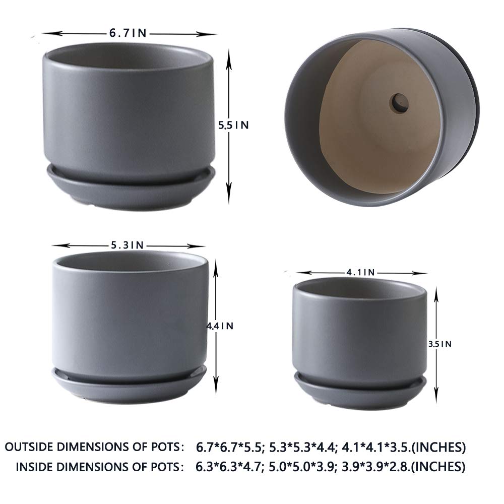 Yishang Succulent Plant Pots,6.7+5.3+4.1 in Glazed Ceramic Planters with Connected Saucers, Round Modern Ceramic Flower pots - Small to Large Sized Plant pots for All House Plants(Matte Grey)
