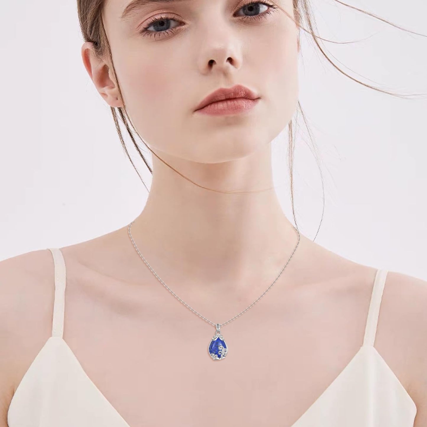 POPLYKE Sterling Silver Lapis Lazuli Filigree Teardrop Pendant Necklace Gemstone Crystal Jewelry for Women