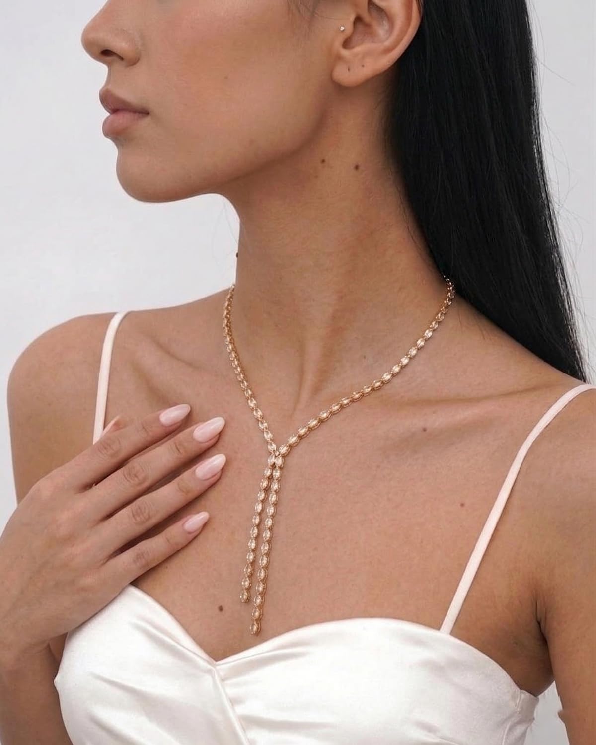 STONEFANS Rhinestone Long Necklaces for Women - Dainty Rhinestone Gold Drop Lariat Y Necklace for Women Simple Cute Long Gold Necklaces Bridal Prom Accessories Jewelry Wedding Gifts
