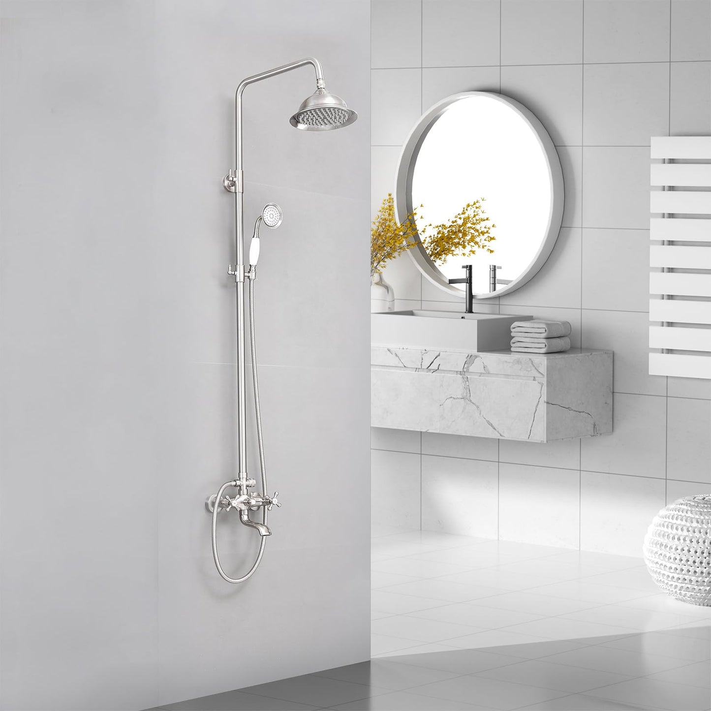 BWE Brushed Nickel Shower Faucet Set 8-Inch Rain Shower Head Handheld Sprayer and Rotatable Tub Spout Triple Function Wall Mount Shower Fixture Combo System Stainless Steel