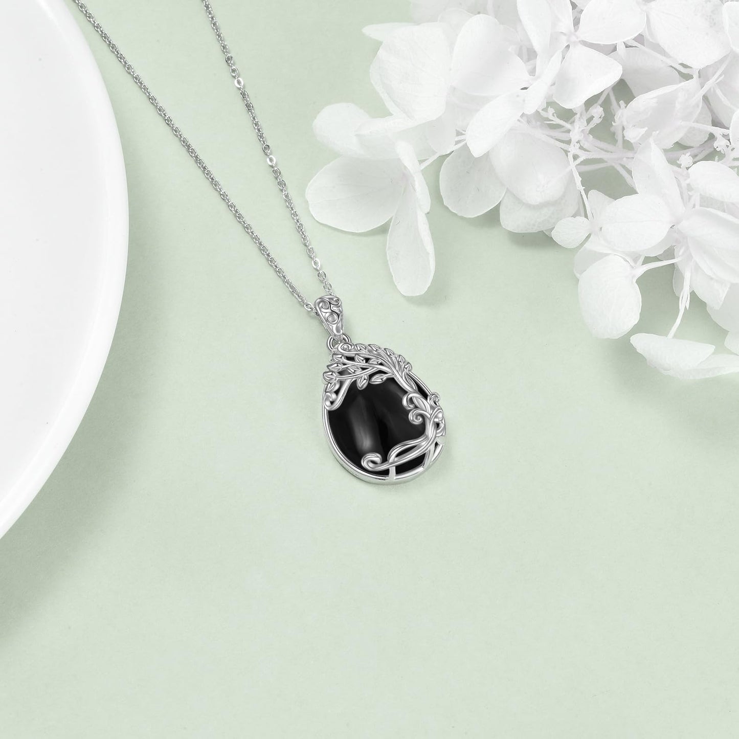 YAFEINI 925 Sterling Silver Black Onyx Necklace Jewelry Tree of Life Teardrop Pendant Black Onyx Gift for Women (MM-Tree of Life Black Onyx Necklace)