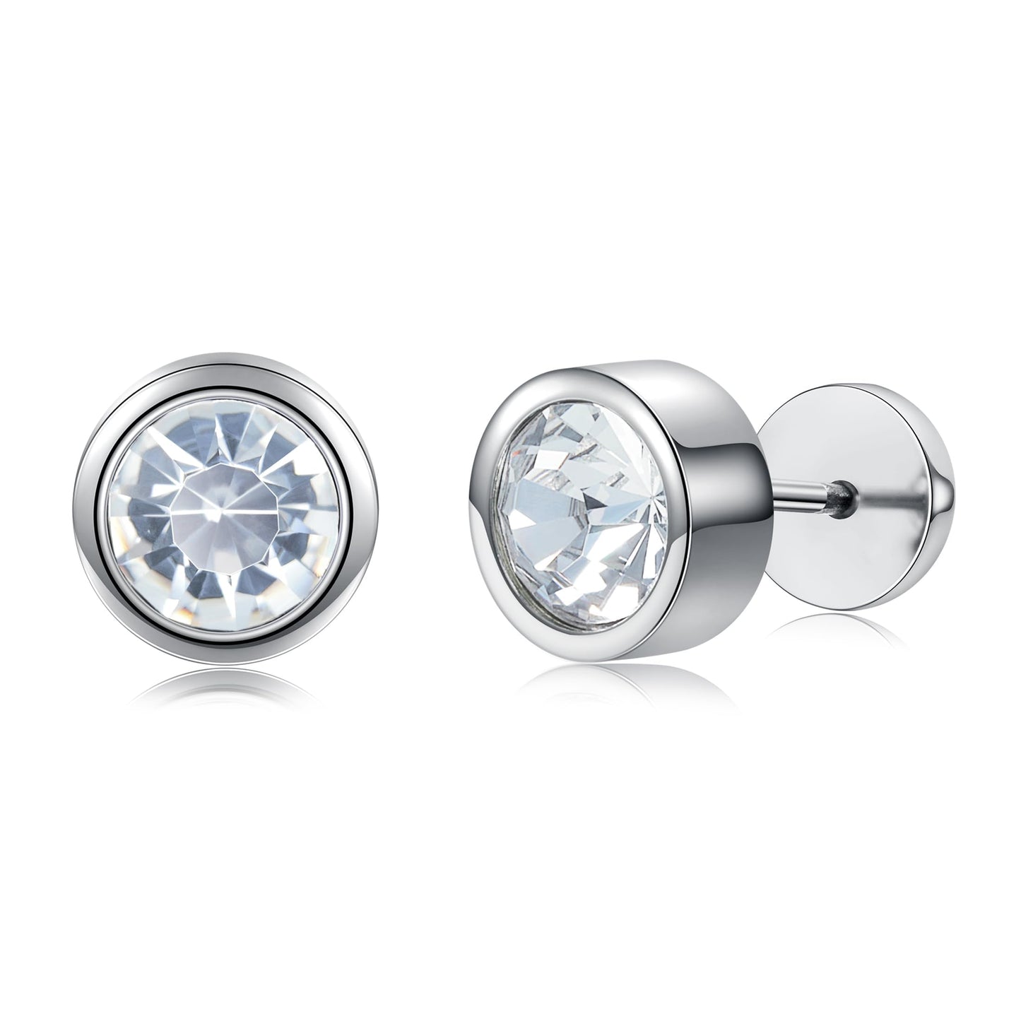 VOLUKA Titanium Earrings Screw Flat Back Earrings Studs Hypoallergenic for Sensitive Ears Cubic Zirconia Created Quartz Punk Dot Disc Barbell Stud Earrings-10mm CZ