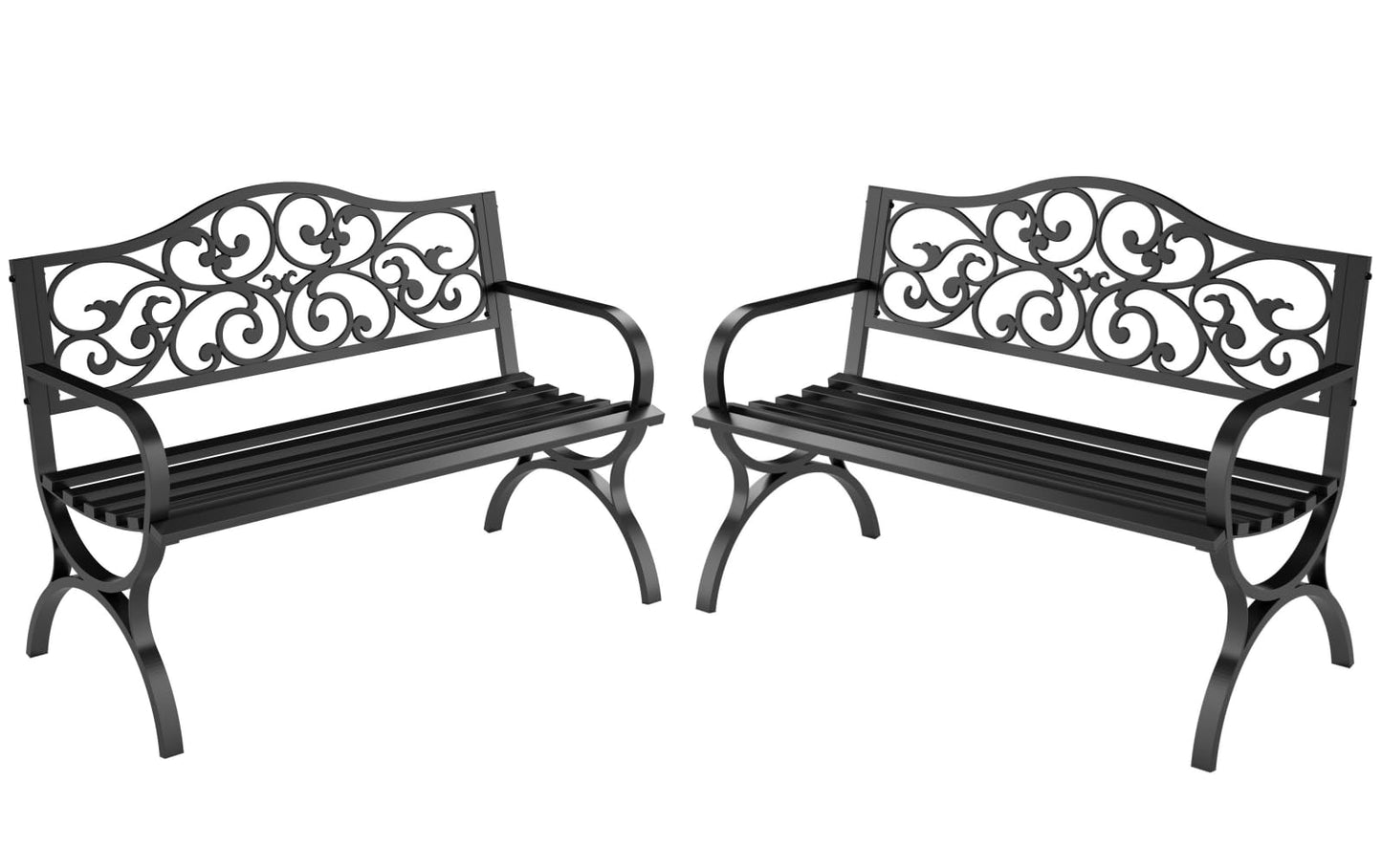 MFSTUDIO Outdoor Metal Bench Set of 2, 50 Inches Outdoor Garden Bench, Cast Iron Metal Frame Patio Park Bench with Floral Pattern Backrest, Arch Legs for Porch Lawn Yard, Black