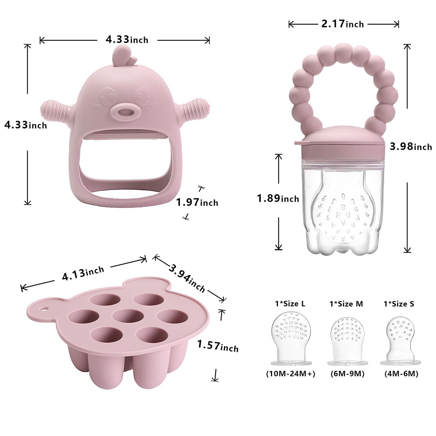 Gedebey 3-in-1 Baby Food & Fruit Feeder Set – Breastmilk Popsicle Mold with Freezer Tray, Teething Relief Toy, BPA Free Infant Silicone Feeding Combo, 3 Bonus Sizes (S/M/L) Sacs (Blush)