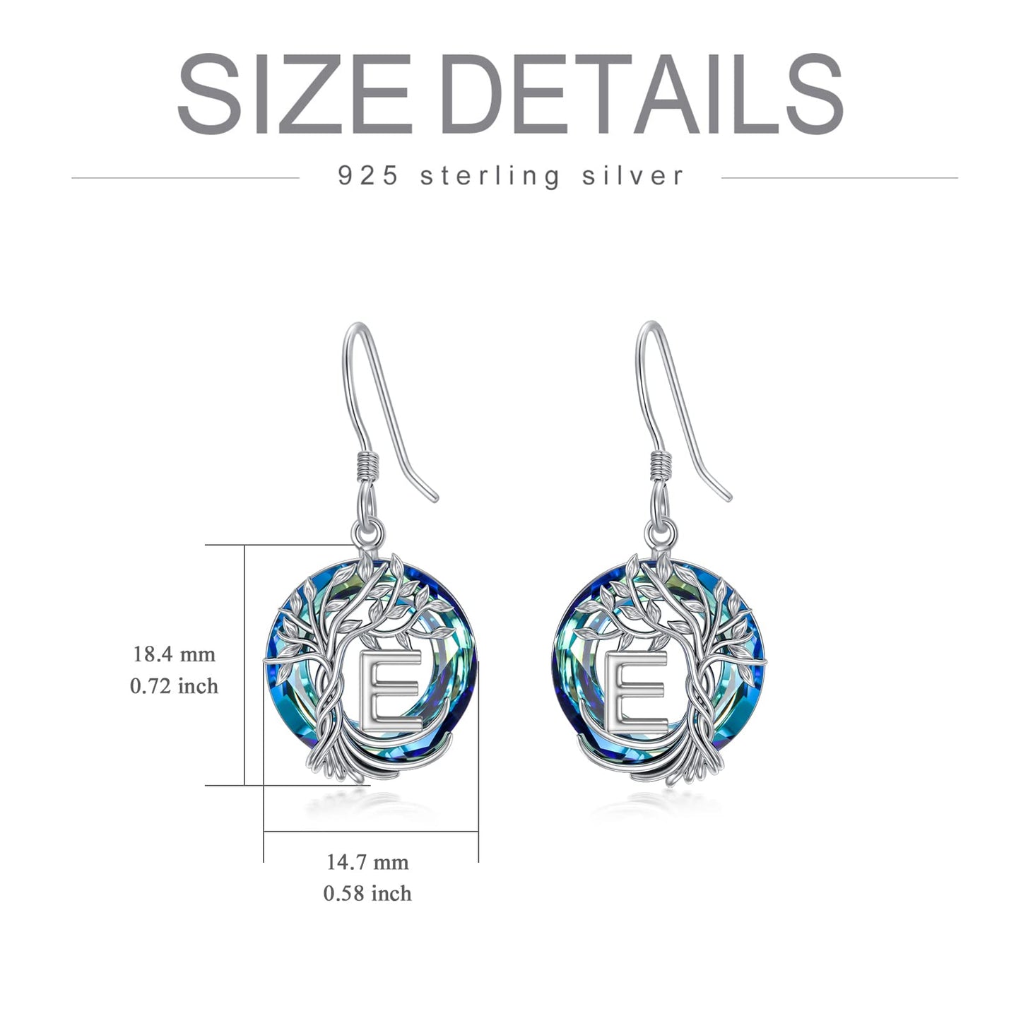 TOUPOP Tree of Life Initial Earrings Sterling Silver Initial E Letter Drop Dangle Earrings Blue Circle Crystal Family Tree Jewelry Birthday Mothers Day Gifts for Women Mom Her