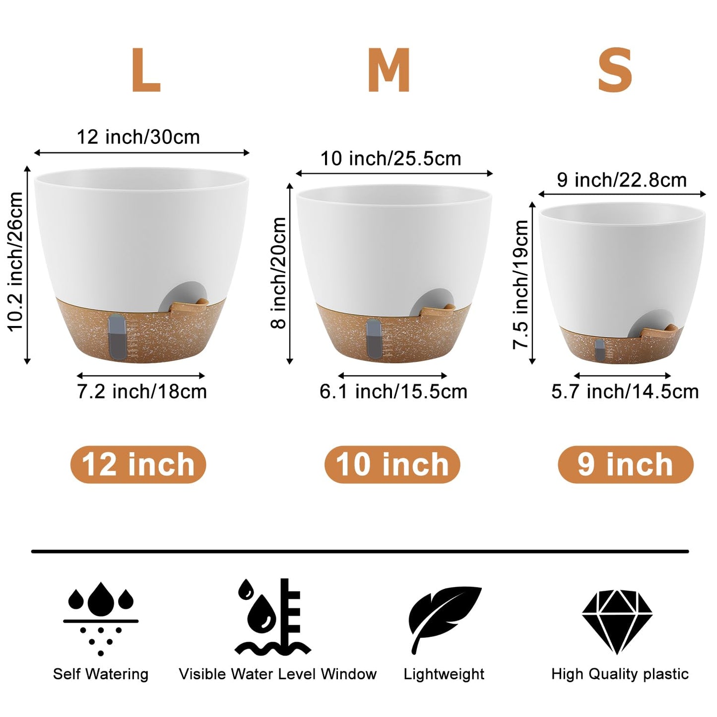 QRRICA Self-Watering Plant Pots with Water Level Indicator, Drainage Holes & Saucers – 12/10/9 Inch Large Plastic Planter Set for Indoor & Outdoor Plants (White)