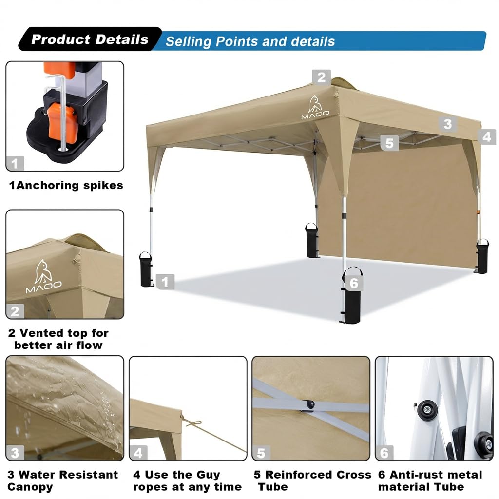 MAOO 10x10 Pop Up Canopy Tent with Sidewall, Easy Setup Instant Outdoor Canopy, 210D Silver Coated Waterproof UPF 50+ Sun Shade Shelter, Heavy Duty Steel Frame, Roller Bag, Khaki
