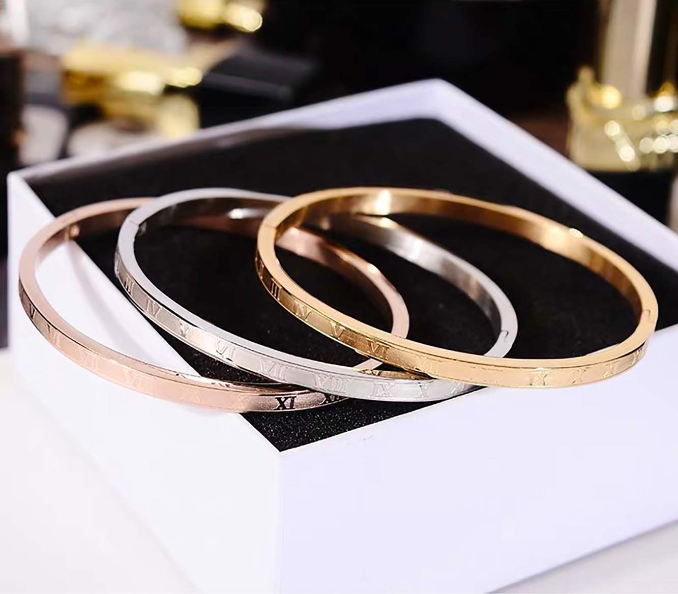 Jarlinwel Gold Silver Plated Bracelets for Men Women Roman Numeral Bangle Bracelet Stainless Steel Personalized Engraved Unisex Gift (Silver 4mm Womens)