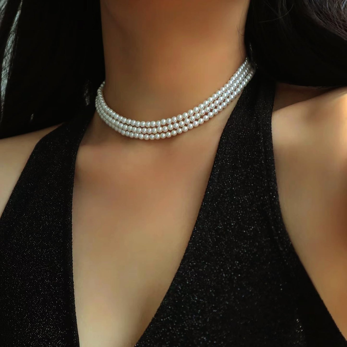 Zeffy Pearl Choker Necklace Round Imitation Pearl Necklace Multi Strands Choker Wedding Party Prom Vintage 1920s Short Choker Necklace for Women