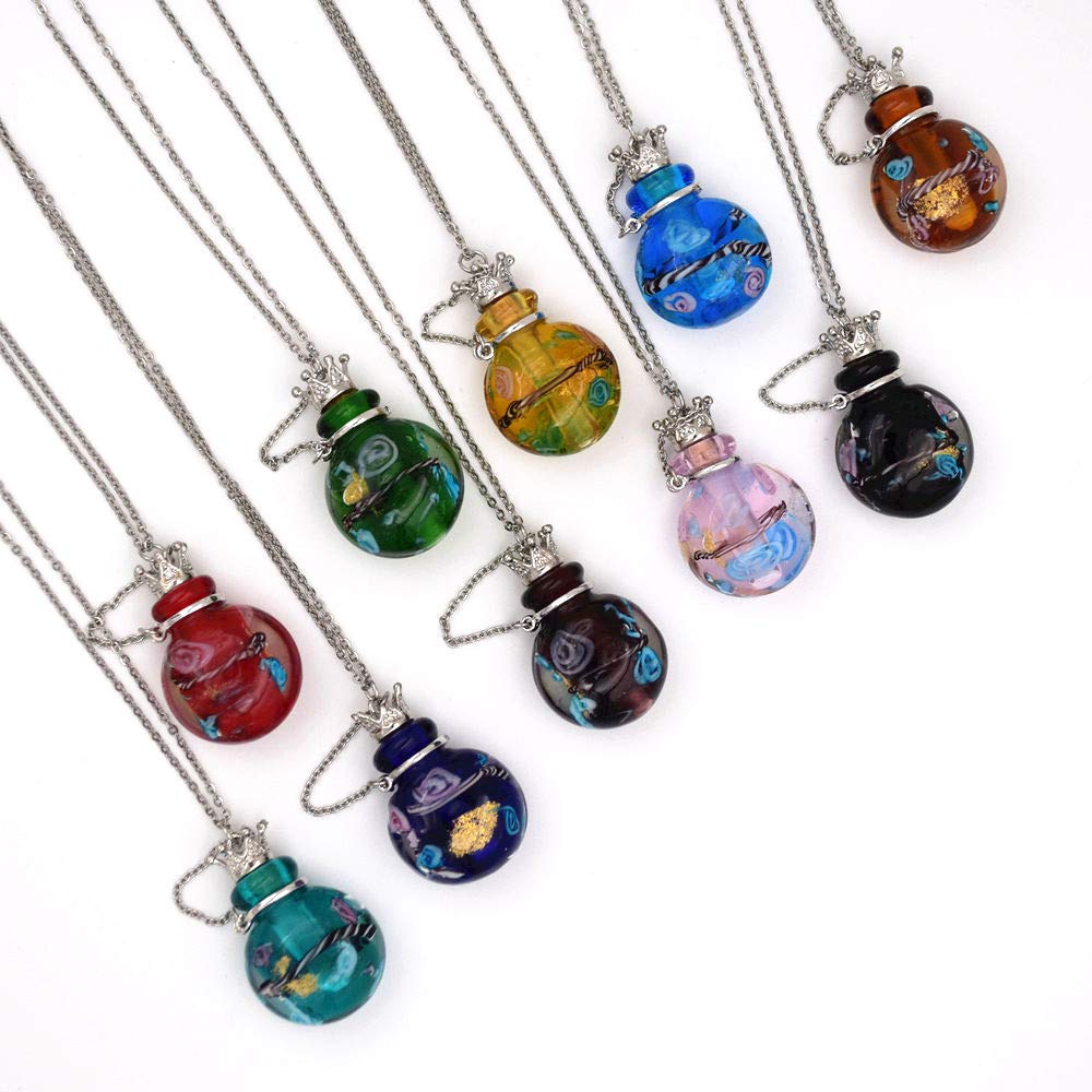 Stainless Steel Colored Glass Pendant Necklace Diffuser Perfume Pendant Aromatherapy Charms (Pink)