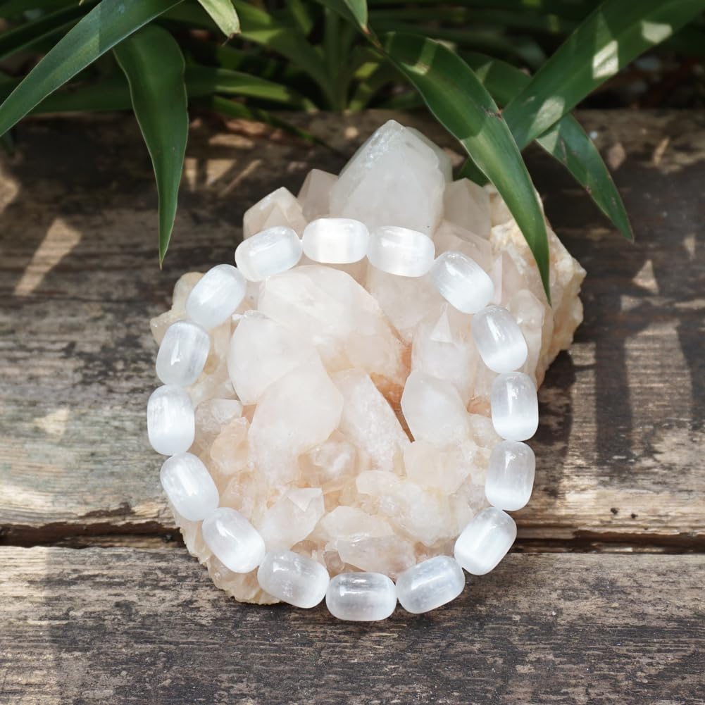 TaHLga Natural Selenite Crystal Bracelet for Women Men |8x12mm White Cylinder Beads | Crown Chakra Stone with Leather Pouch, Gift Box & Repair Kit | Fits about 7.5 inch Wrist