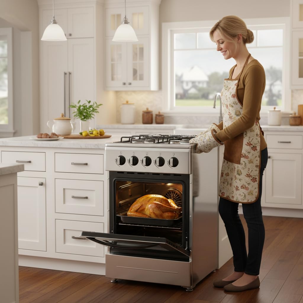20" Free Standing Gas Stove Oven Range,4 Burner LPG Cooktop with 65L Oven, 201 Stainless Steel Body, Double Layer Mirror Surface Tempered Glass Door, Compact Design for Kitchen (NG-LPG Conversion Kit)