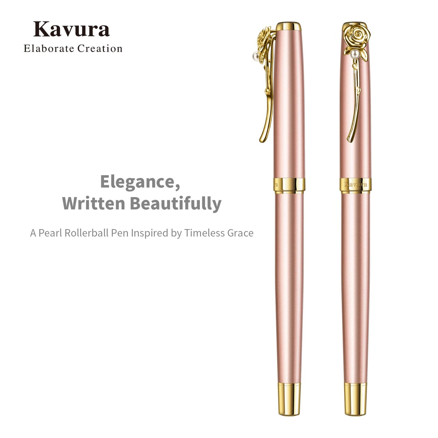Kavura Rose & Pearl Rollerball Pen – Luxury Brass Pen Gift Set for Women, Jewelry-Inspired Design, Glossy Finish, with German Refill, Romantic Gift for Her, Anniversary & Valentine’s Day (Rose Gold)