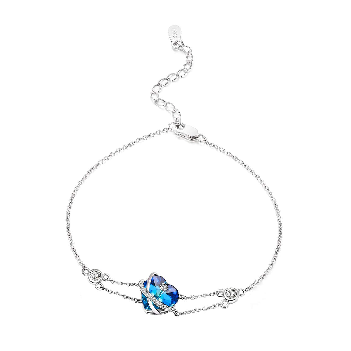 AOBOCO I Love You Jewelry - Sterling Silver Blue Purple Love Heart Bangle Bracelet Embellished with Crystals from Austria, Fine Anniversary Birthday Jewelry Gifts for Women (04 Blue Bracelet)