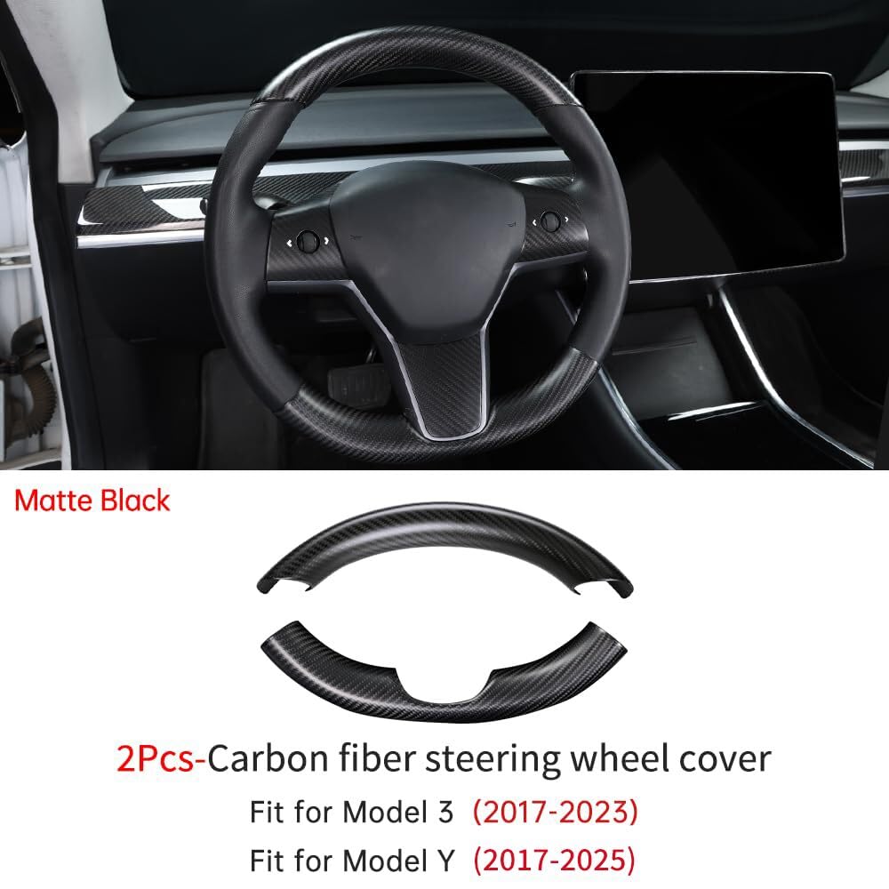 JSWAN Real Carbon Fiber Steering Wheel Cover for Tesla Model 3 2017 to 2023 Model Y 2020 to 2024 Steering Wheel Cover Steering Wheel Wrap Protector Interior Accessories (Matte Black 2Pcs)