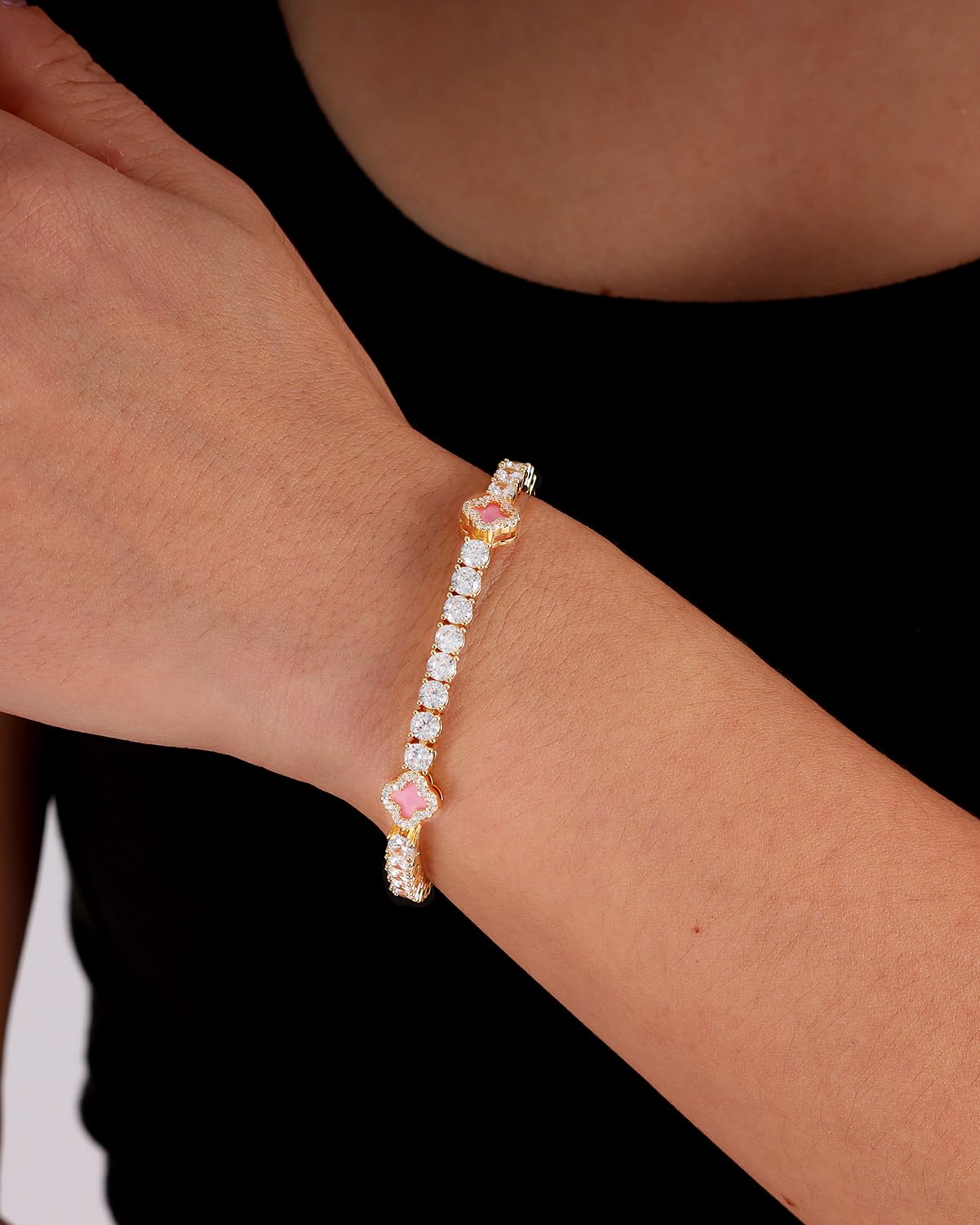 LuxeFlex 4mm Iced Out Clover Tennis Bracelet, White Gold Plated with 5A Zircon Stones, Handmade exquisite Hip Hop Jewelry, Perfect Unisex Gift (Gold-Pink,7)