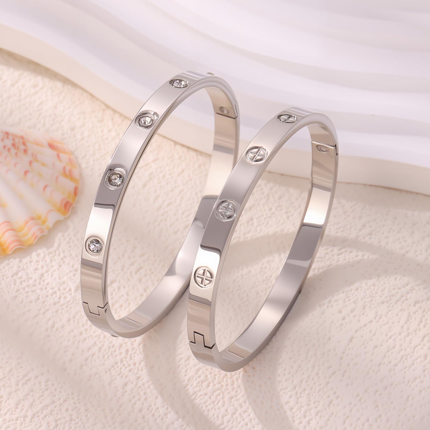 Camhanno 18K Gold Plated Stainless Steel Cuff Bracelet & Love Friendship Screw Bangle Bracelet Set for Women with Gift Box (2Pcs Silver Set Style 3)