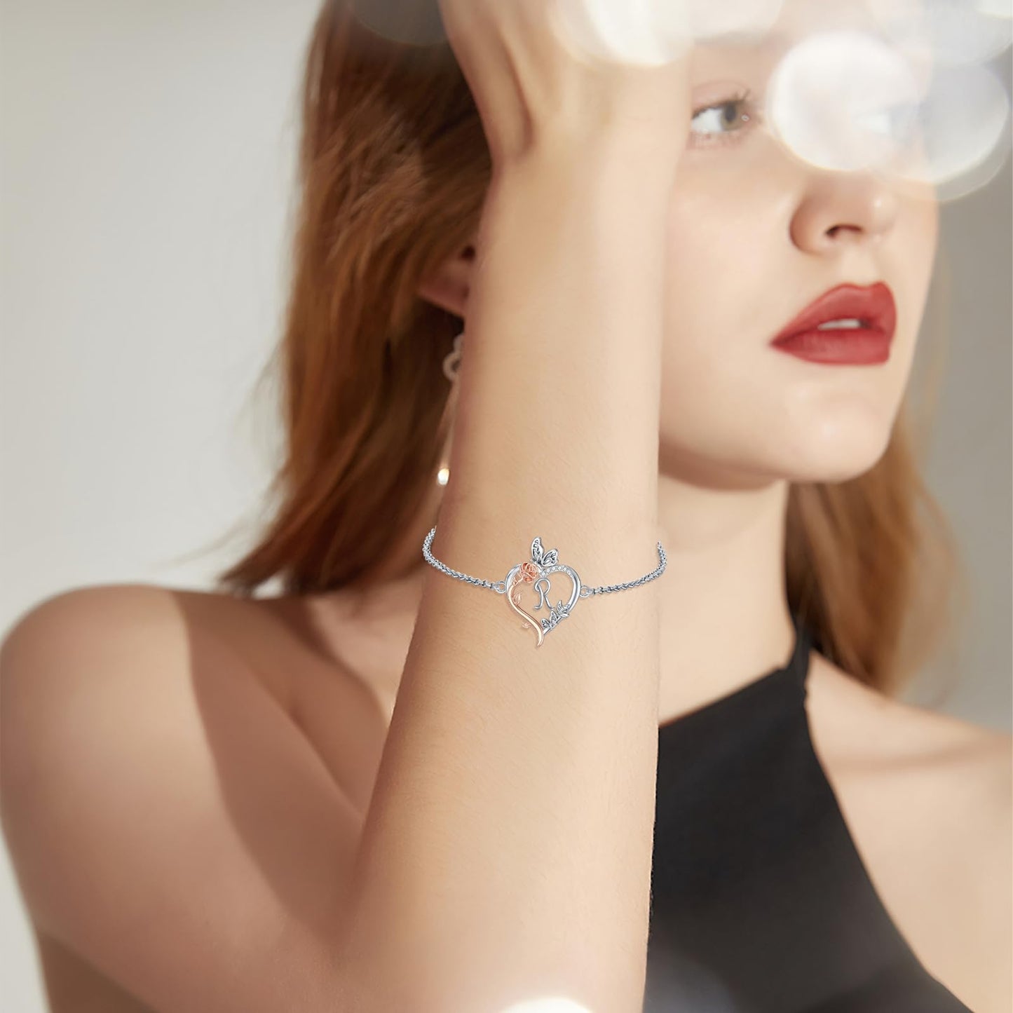 TOUPOP Rose Heart Bracelet for Women Sterling Silver Heart Initial R Letter Bracelet Butterfly Love Jewelry Anniversary Birthday Mothers Day Gifts for Mom Wife Her Girlfriend