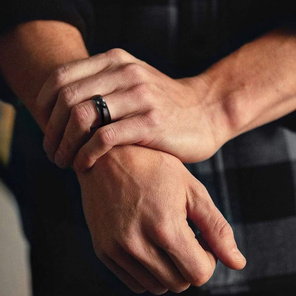 TRUMIUM 8mm Black Ring Band Tungsten Wedding Band for Men Women High Polished Dome Comfort Fit Size 11.5
