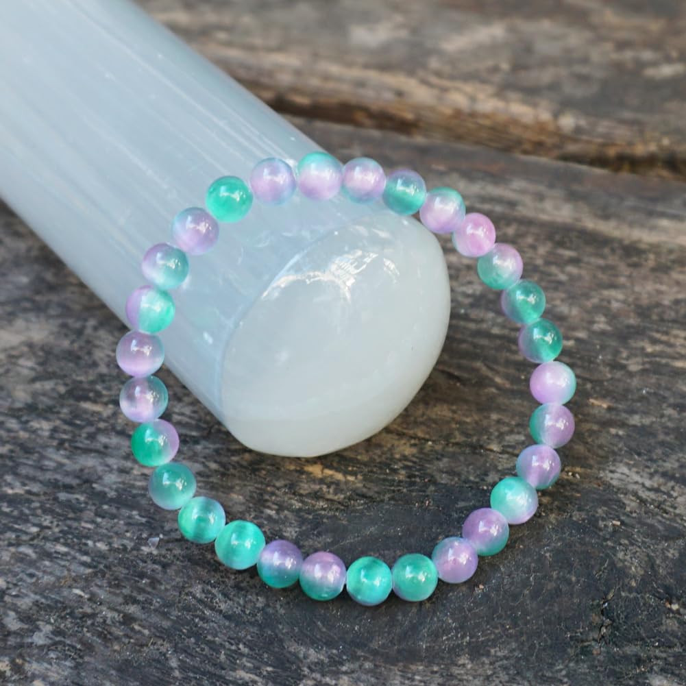 6mm Rainbow Selenite Bracelet - Iridescent Natural Crystal | Handmade Meditation Bracelet with Cat-Eye Effect | Come with Beading Tool Kit - Adjustable to 6.5-7.5 inches Wrist Size